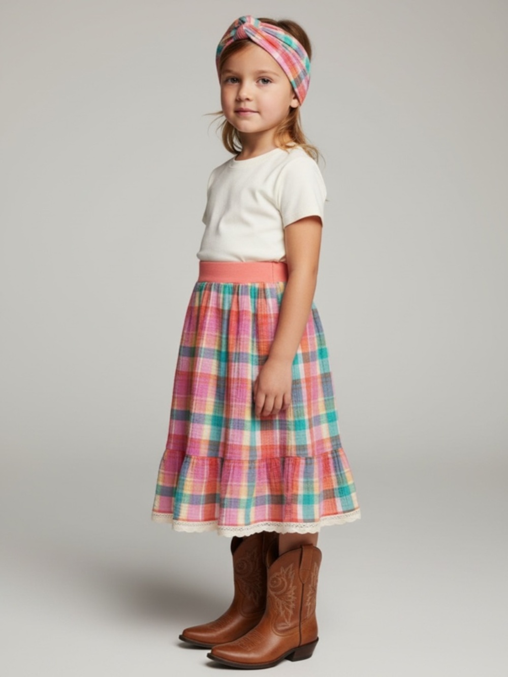 Skirt Gauze Girl 4 Midi Plaid Lace Western Cowgirl‎ Pocket Mom and Pop's Kids